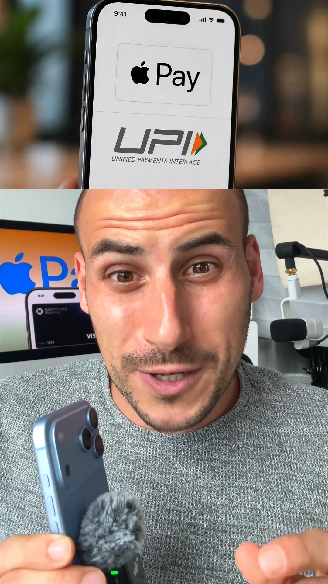 An iPhone screen displaying the Apple Pay logo directly above the UPI Unified Payments Interface logo
