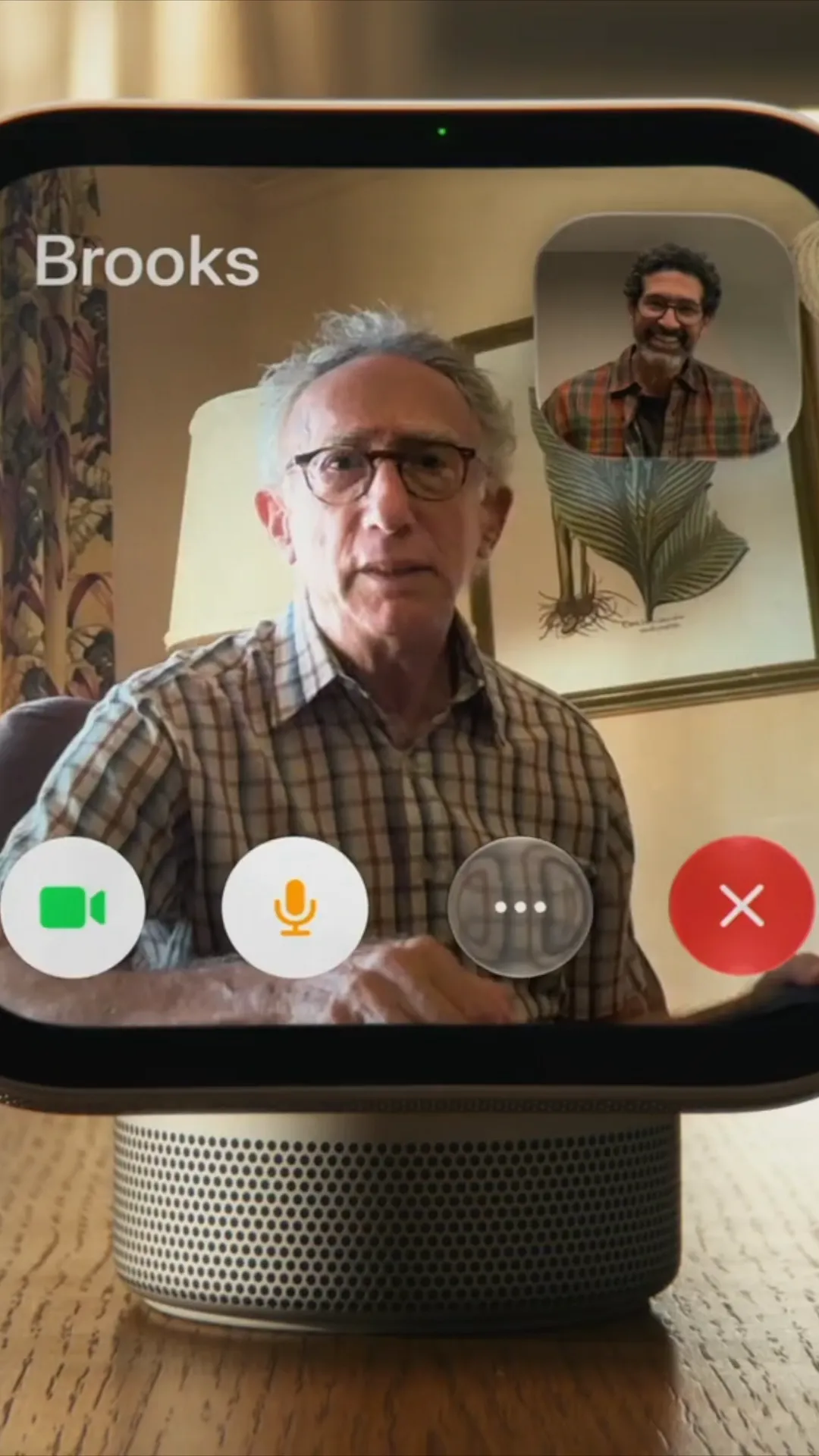 HomeView display showing a FaceTime call with a green video button, orange microphone button, and red end call button