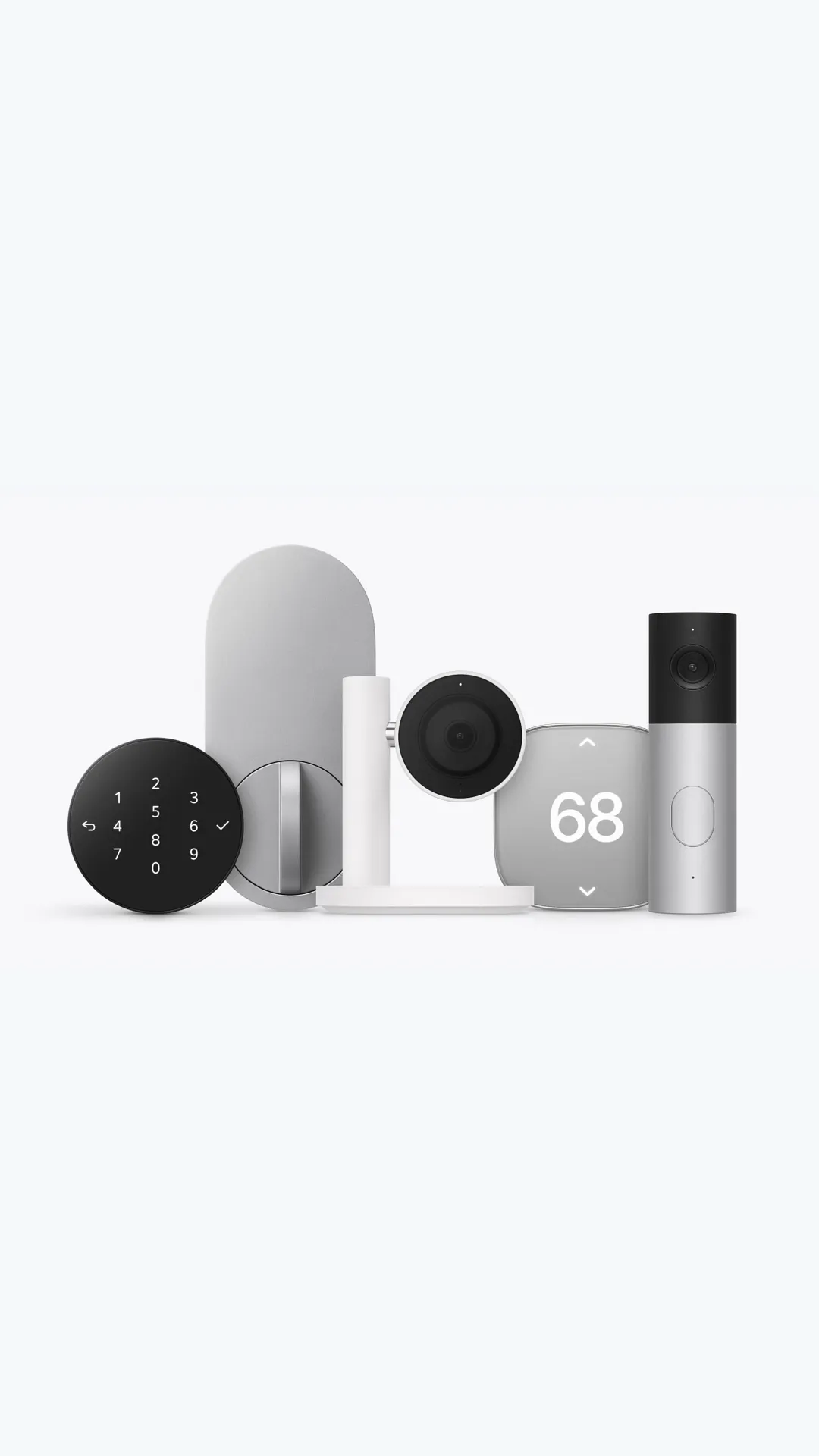 An assortment of smart home devices including a silver thermostat, a dark gray door lock, and security cameras
