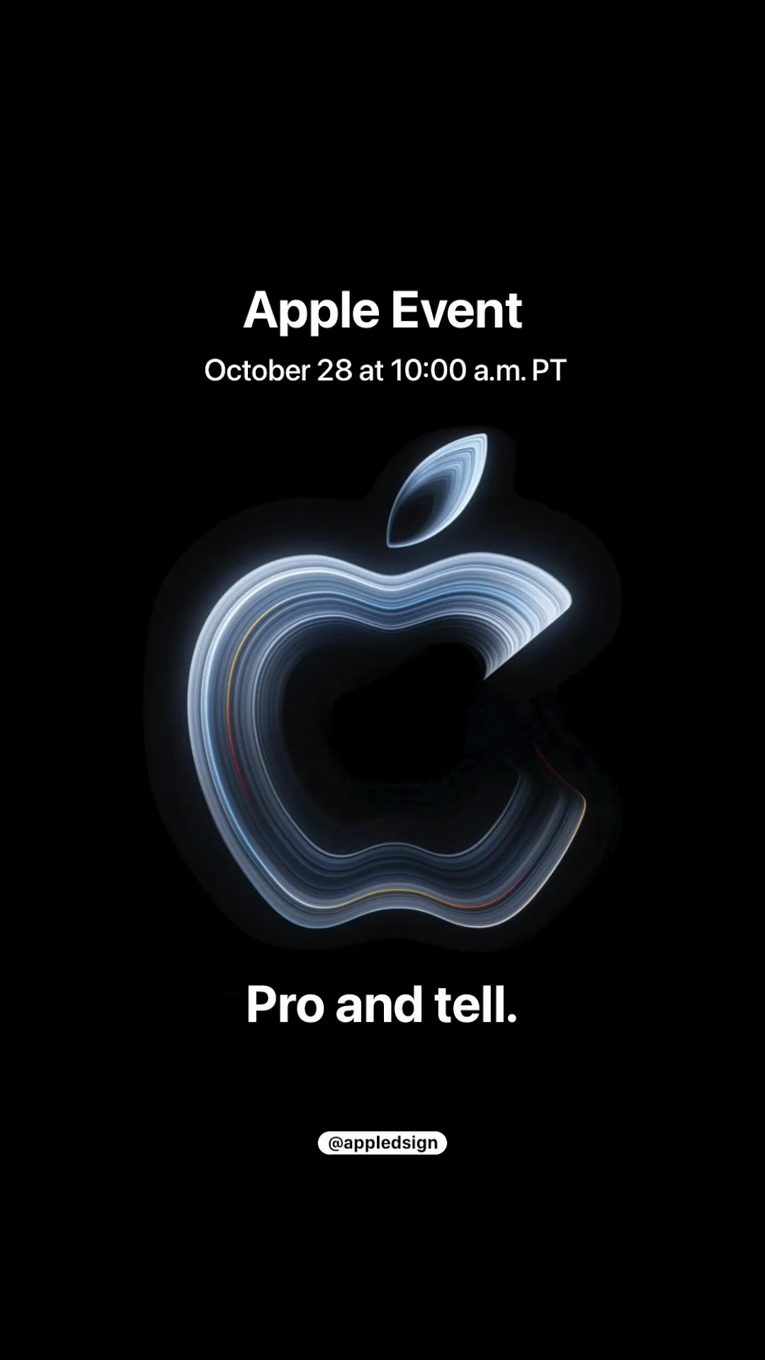 Apple Event announcement screen with a glowing Apple logo and text for October 28 at 10:00 a.m. PT