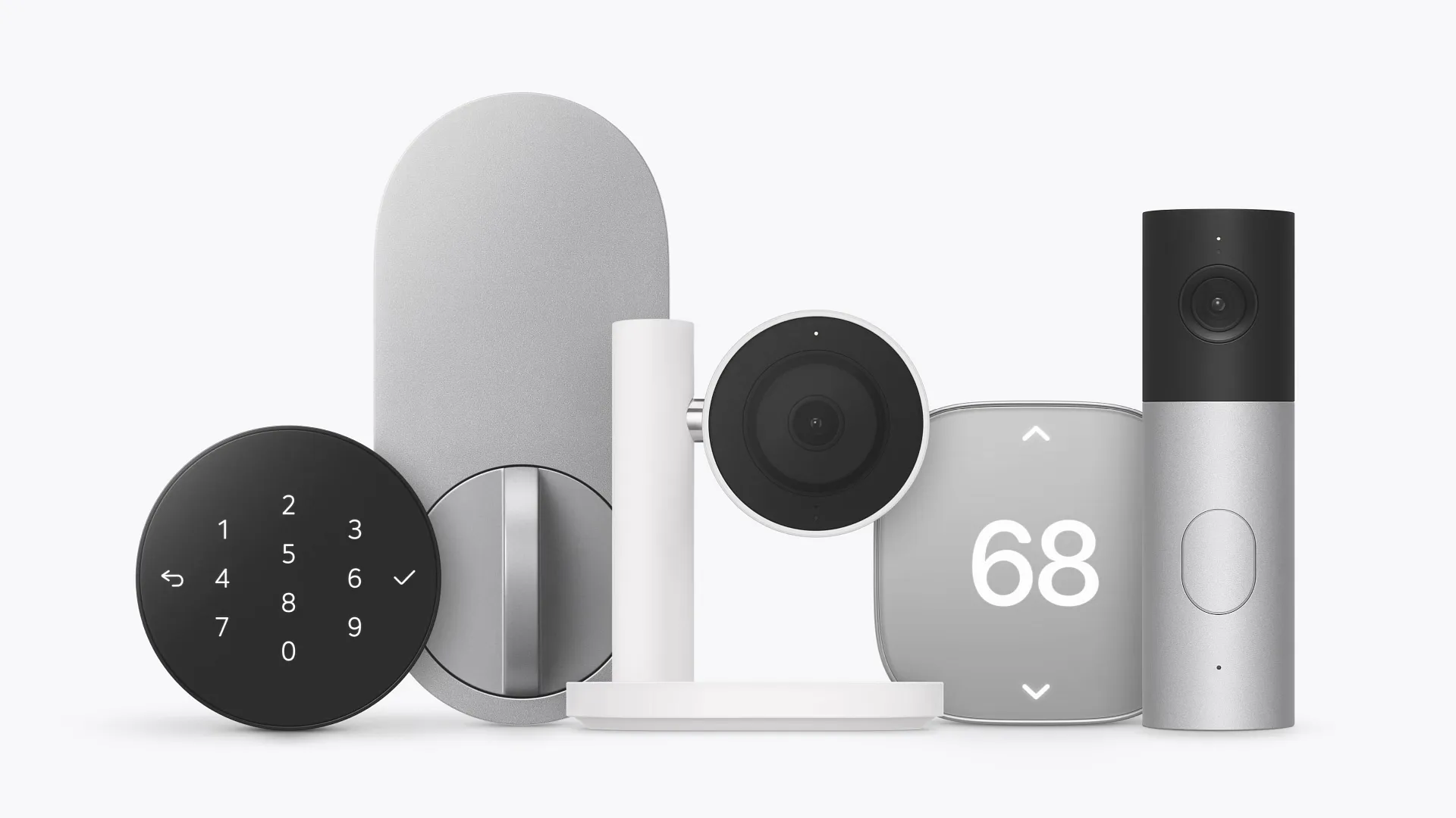 Assortment of Apple Home Collection accessories including a thermostat and security cameras