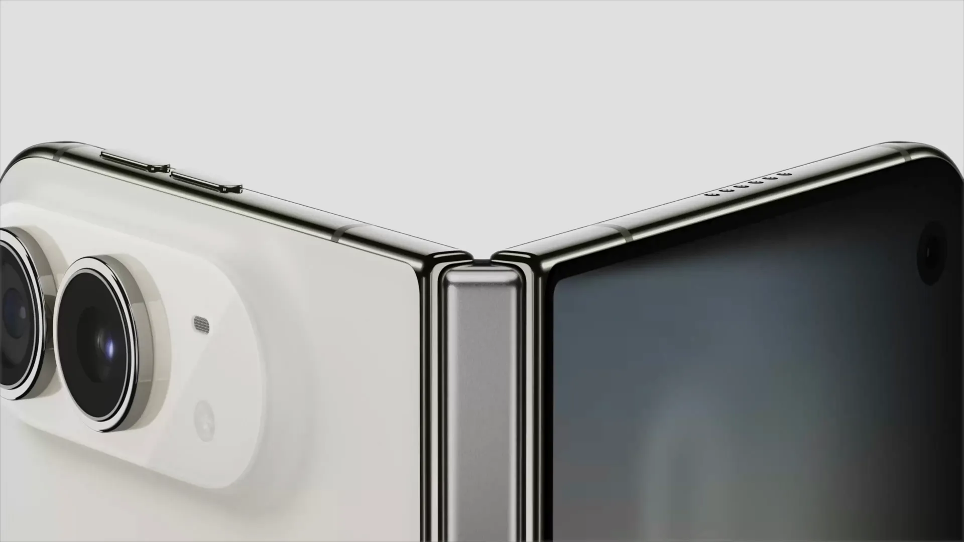 Two hands holding the iPhone Duo partially folded to reveal the inner display's matte finish