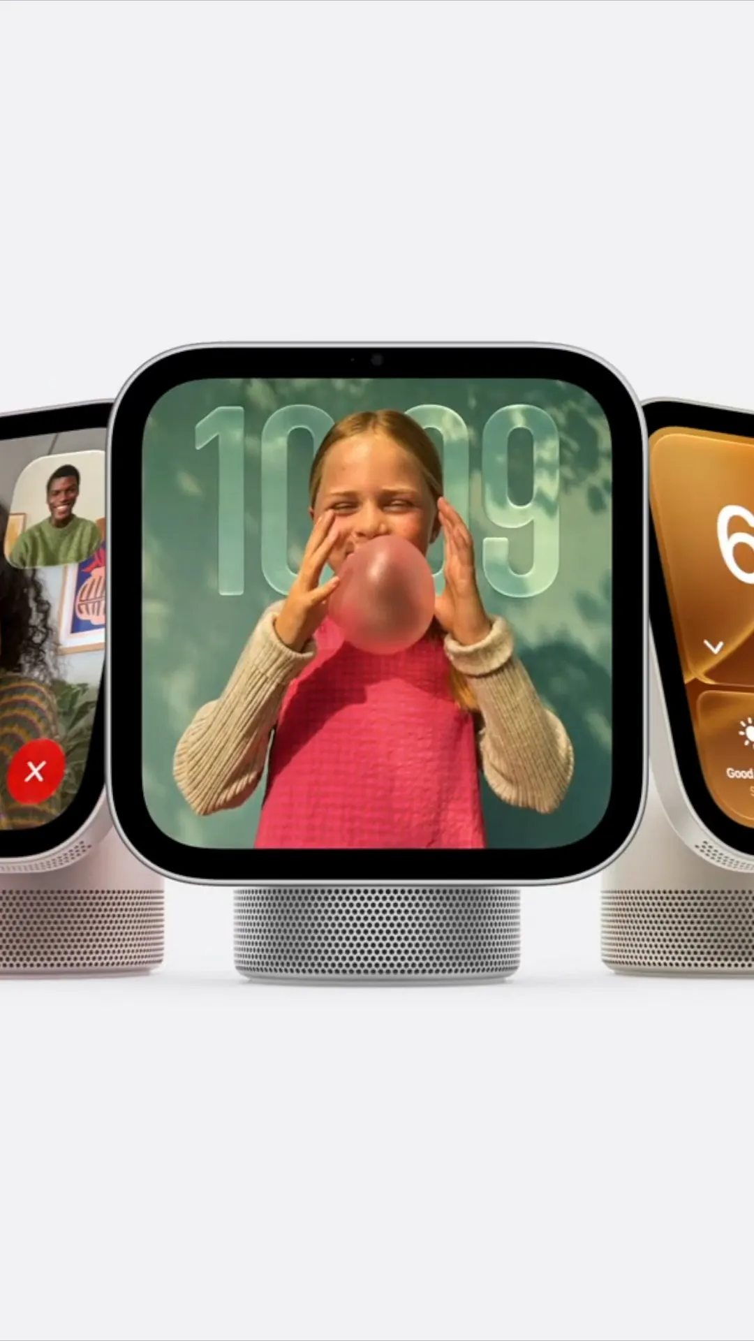 Three Apple HomeView displays showing a video call, a large clock face, and a calendar widget