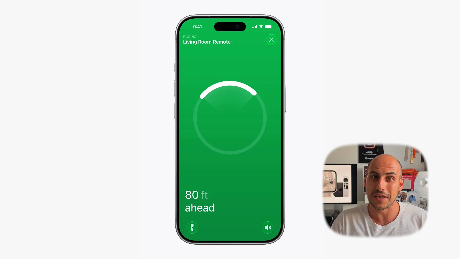 Find My app interface on an iPhone tracking a living room remote