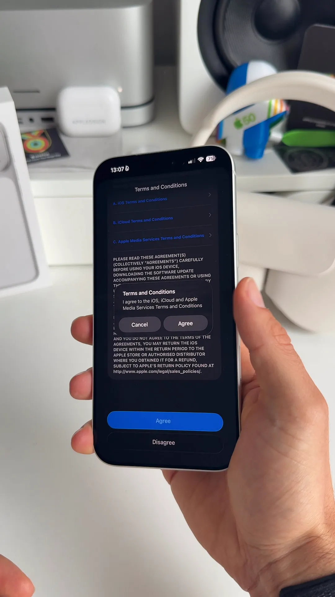 Terms and conditions screen with a blue Agree button at the bottom