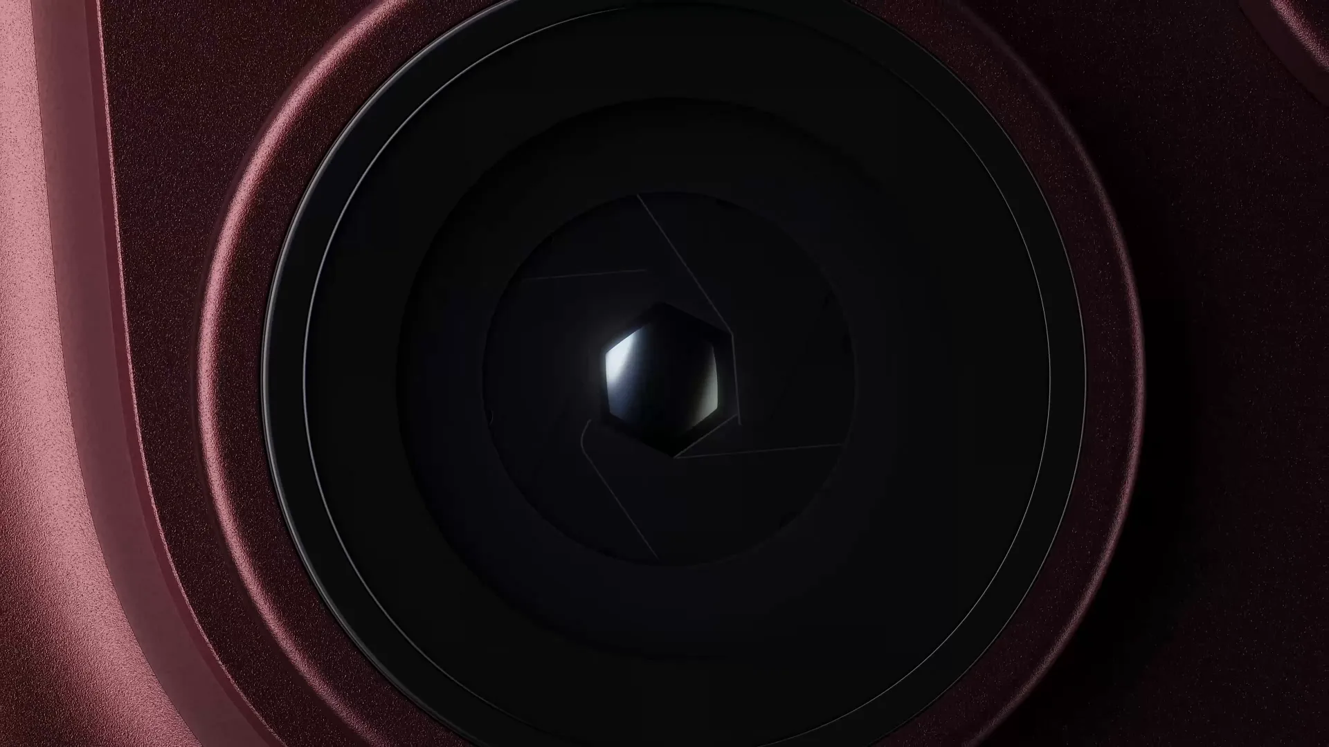 Variable aperture camera lens with six visible blades closing on the burgundy iPhone 18 Pro