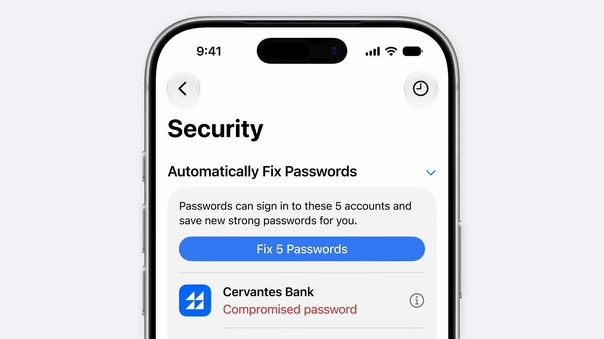 Security screen in the Passwords app showing the Automatically Fix Passwords option