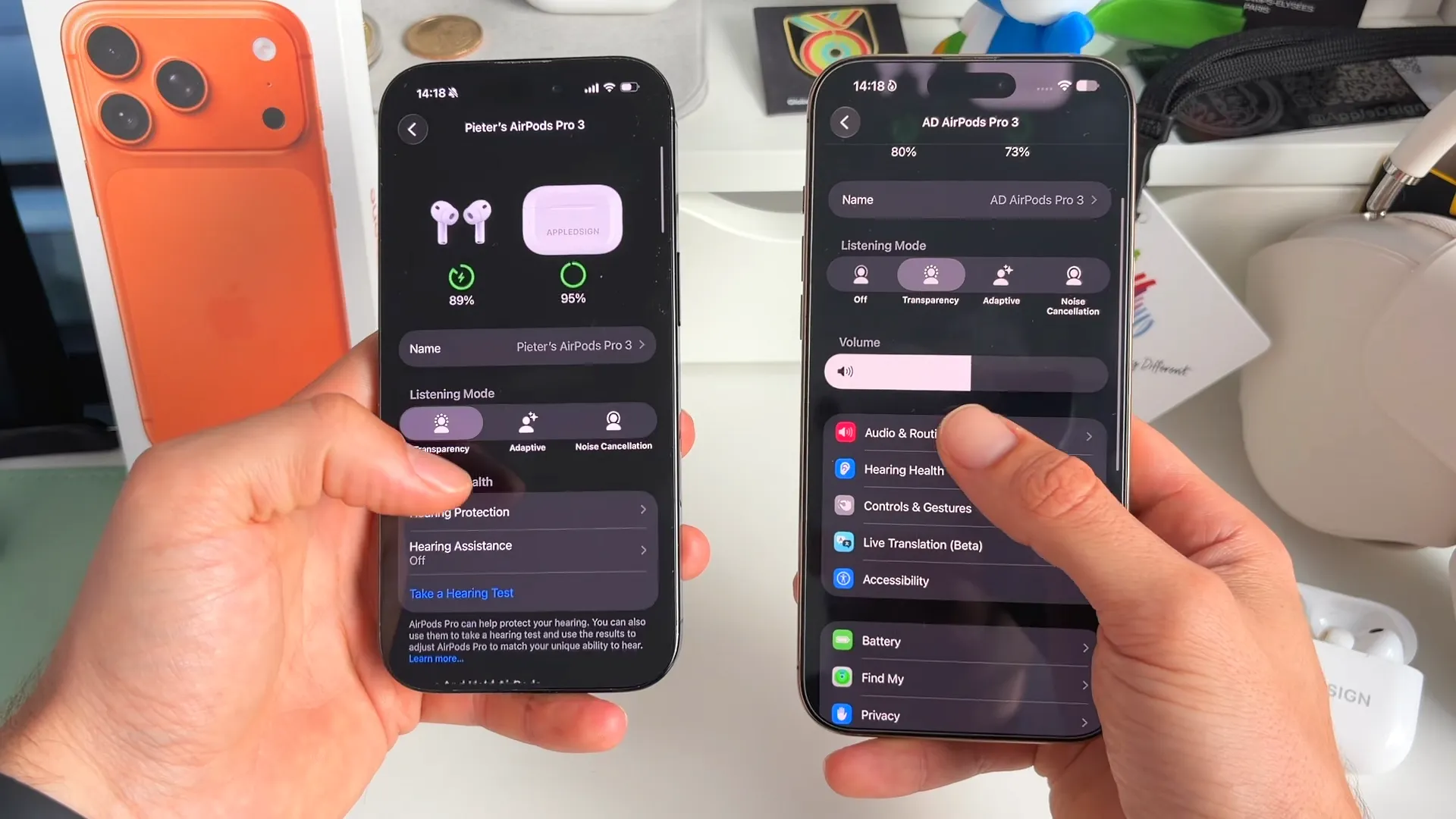 The redesigned AirPods settings page displaying a large volume slider above categorized menu options like Audio & Routing