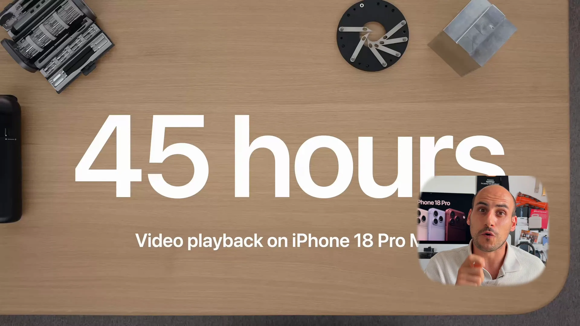 Battery life comparison showing 36 hours for iPhone 18 Pro and 45 hours for Pro Max