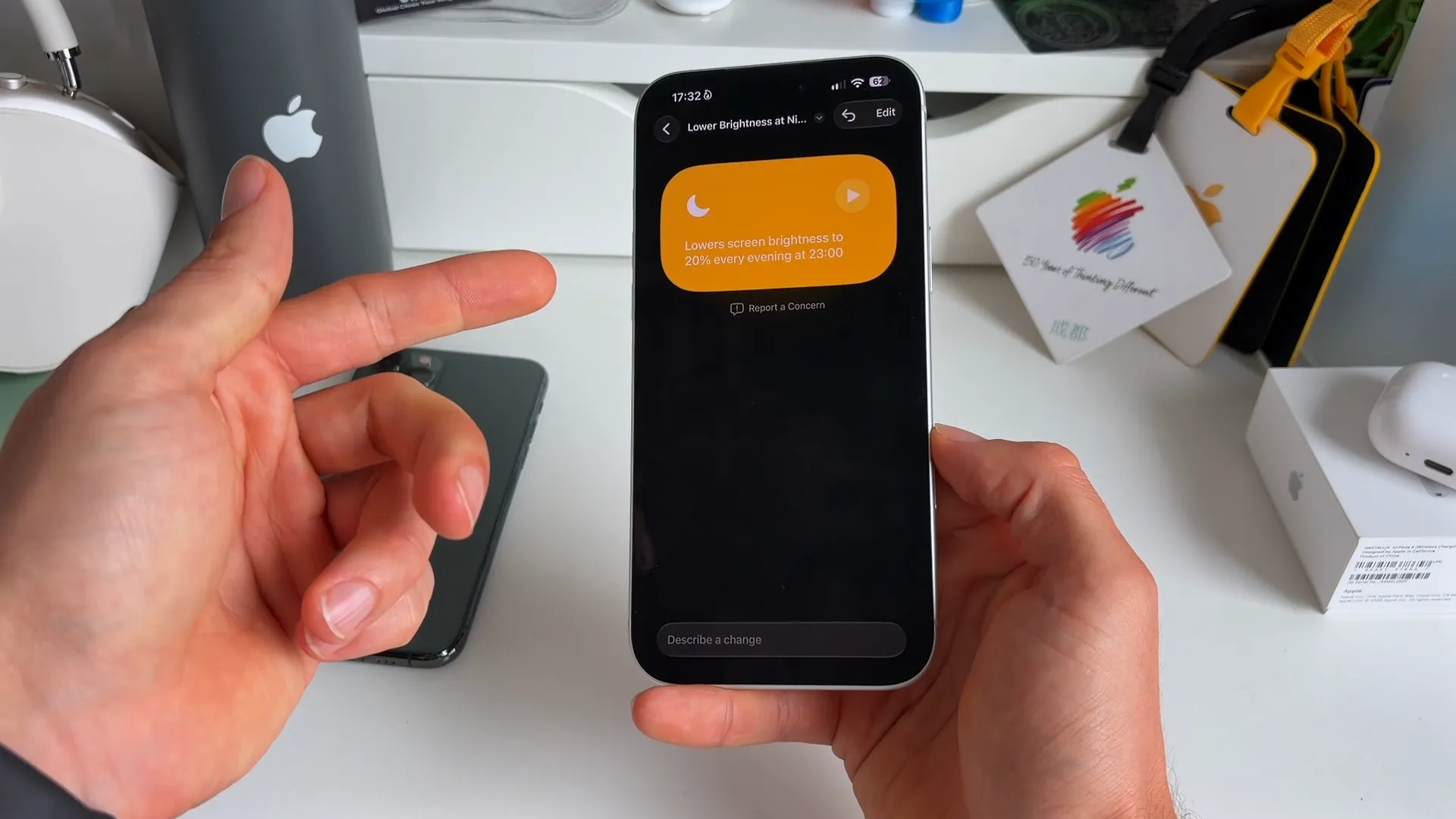 Shortcuts app showing a newly generated automation to lower screen brightness to 20 percent every evening at 23:00