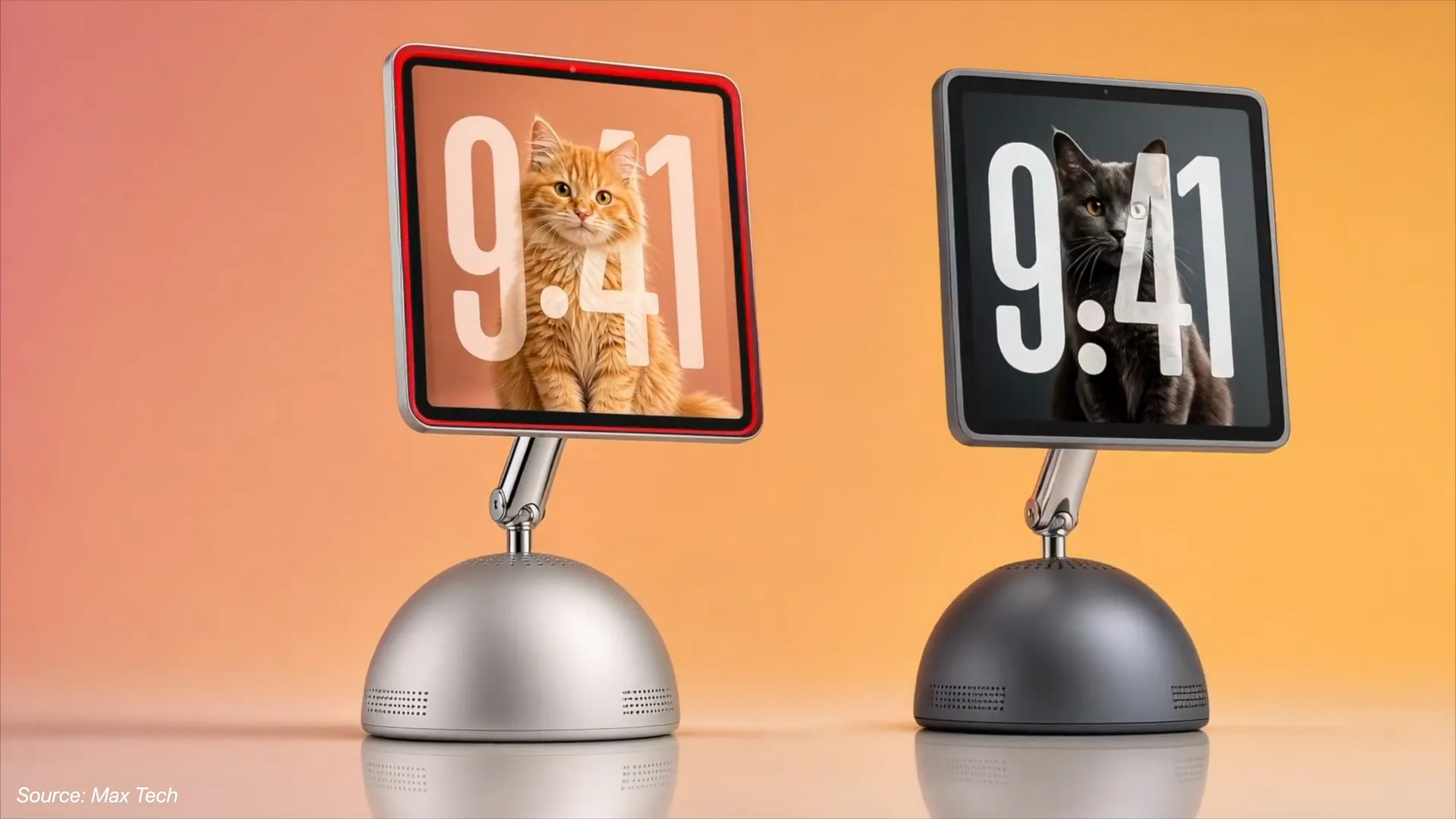 Square smart display showing a cat on the screen, attached to a silver half-orb speaker base
