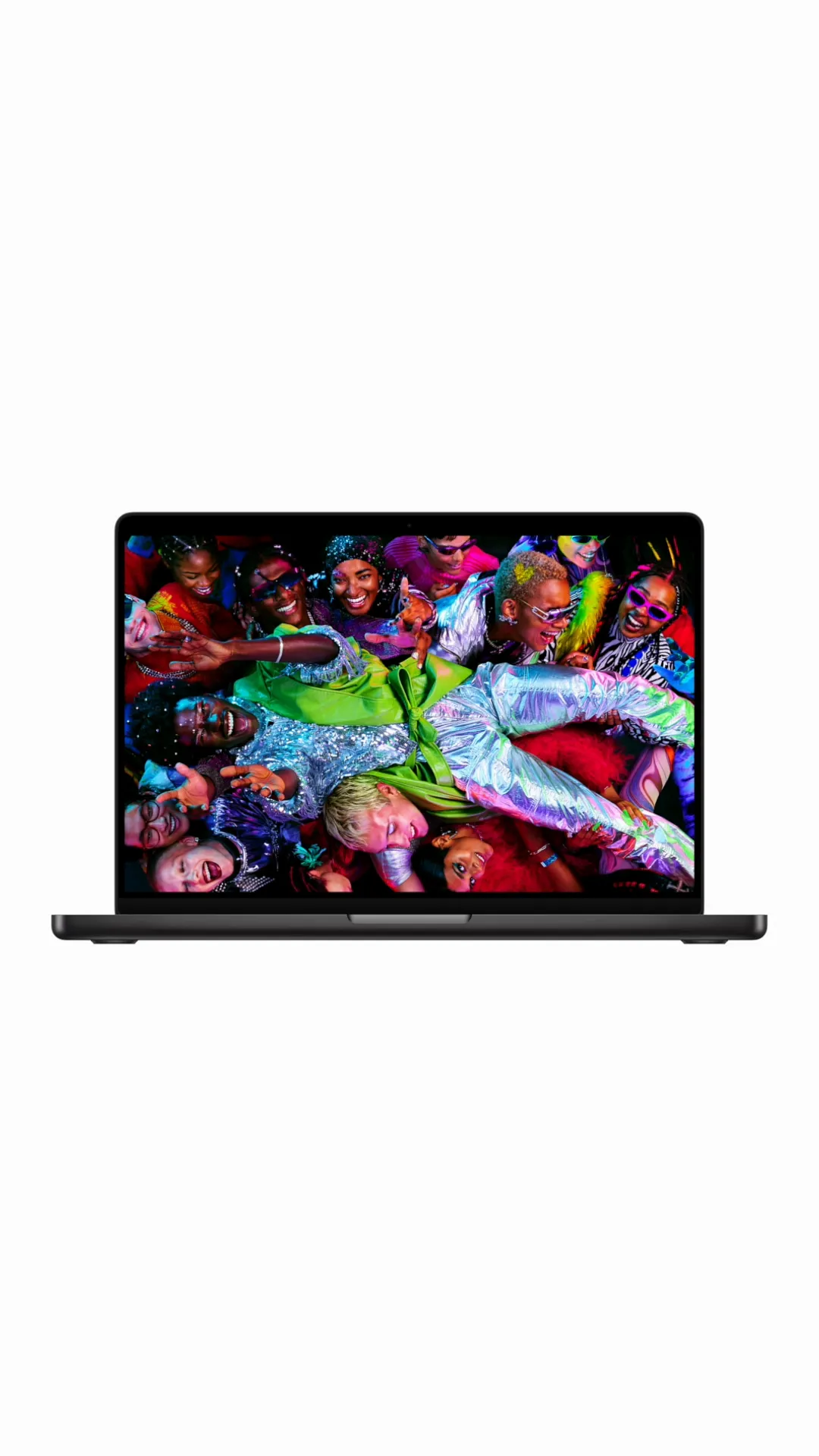 MacBook Pro displaying a vibrant group photo on its screen against a white background
