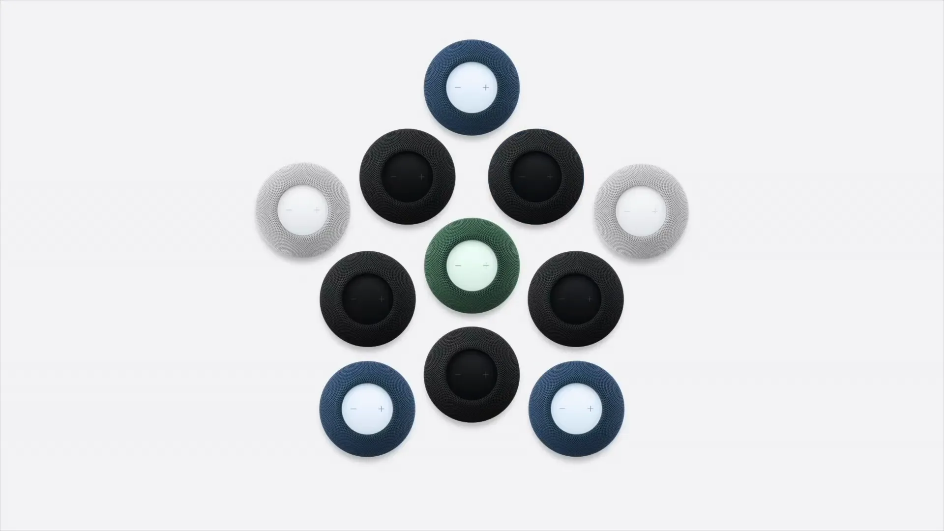 Ten HomePod mini devices arranged in a star pattern showing different colors